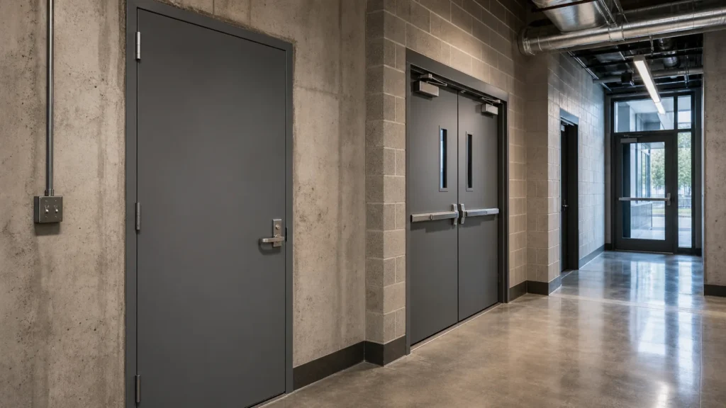 Single double and glazed hollow metal doors installed in a commercial service corridor