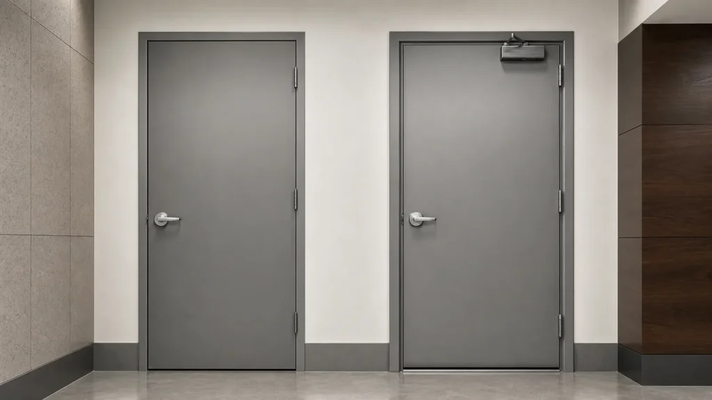 Hollow metal service door and fire-rated steel door shown side by side