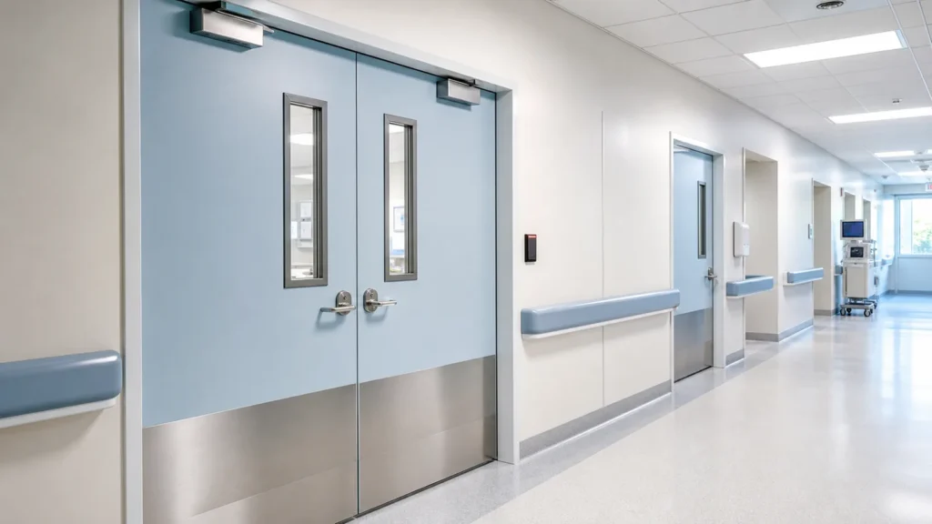 Hygienic hospital corridor doors with vision panels kick plates and access control