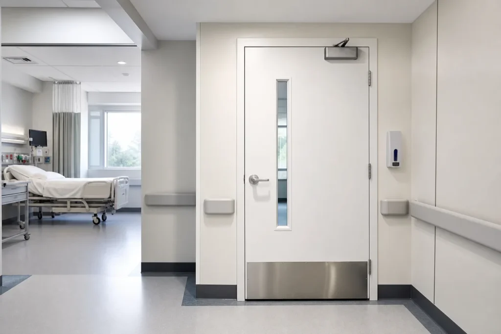 White steel hospital door with vision panel, kick plate and door closer in a clinical corridor
