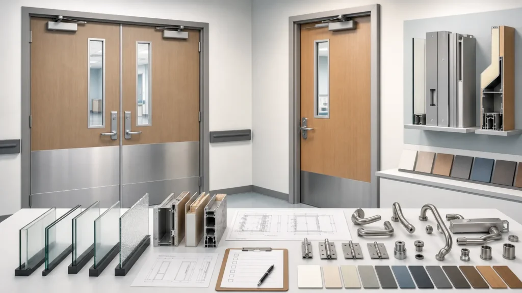 Hospital corridor and patient-room door samples with glazing frames finishes and hygienic hardware