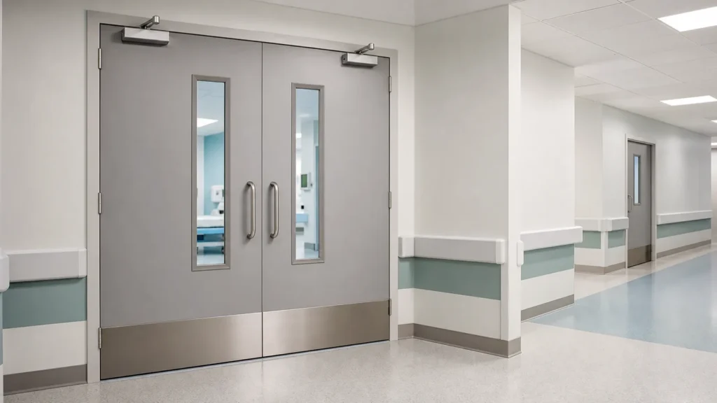 Double fire-rated hospital corridor doors with vision panels and protective kick plates