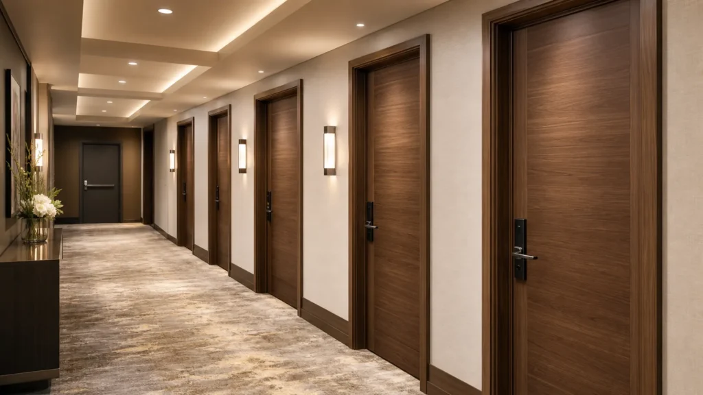 Coordinated wood-finish guest room doors in a hotel corridor