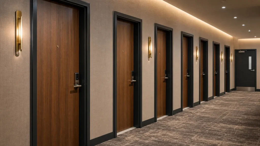 Repeated wood-veneer hotel room doors with matching steel frames and electronic locks along a corridor