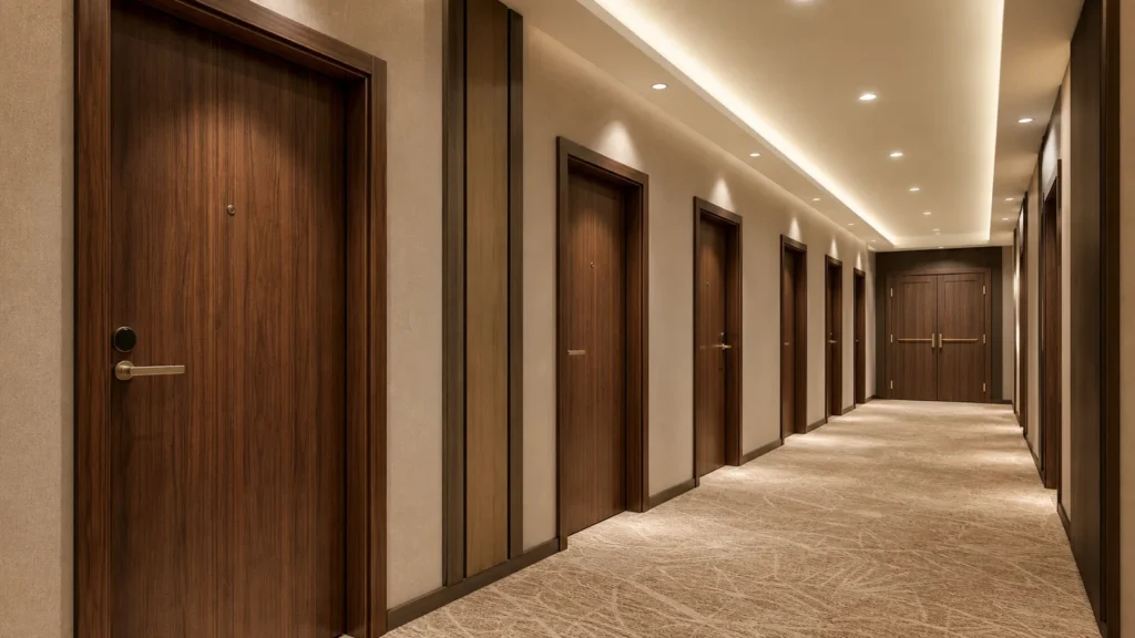 Repeated walnut veneer guest-room doors and a coordinated corridor fire door in a hotel