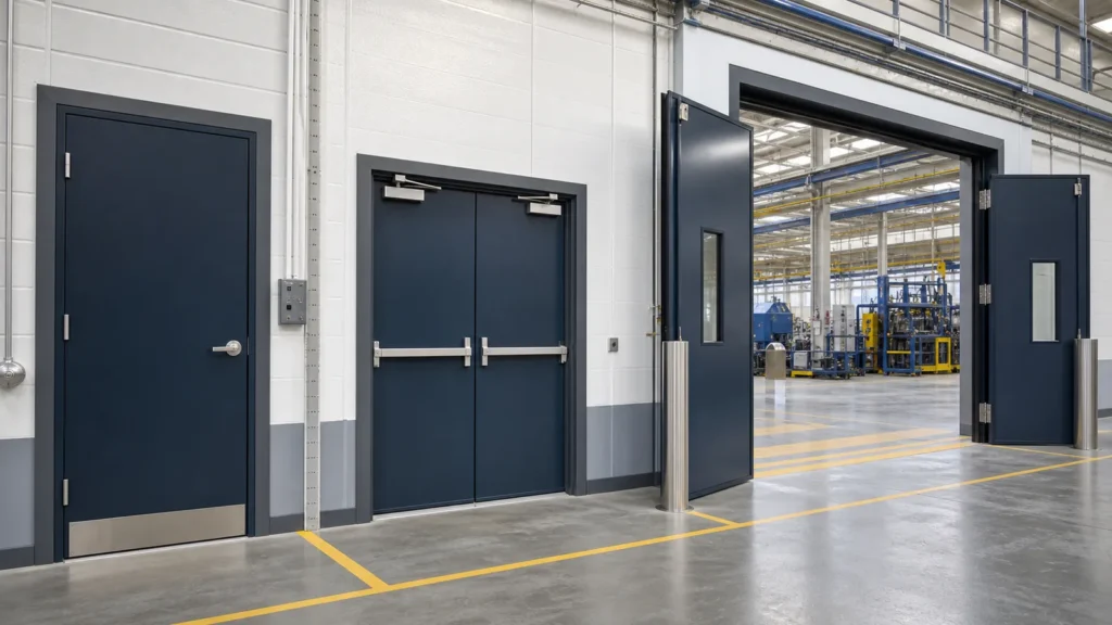 Coordinated single double-exit and wide service steel doors installed in a clean manufacturing facility
