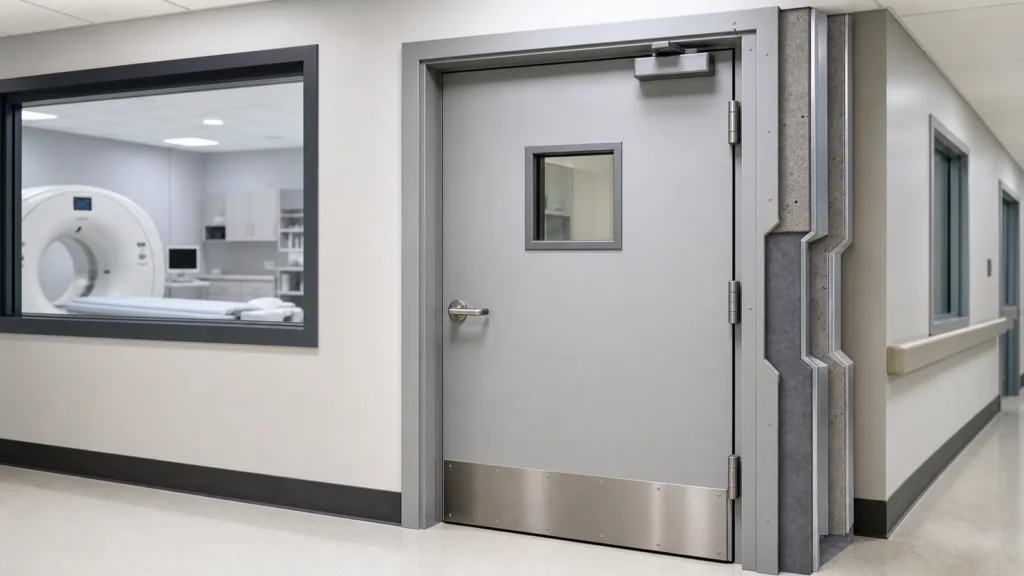 Lead-lined X-ray room door with observation window reinforced frame and shielding wall detail