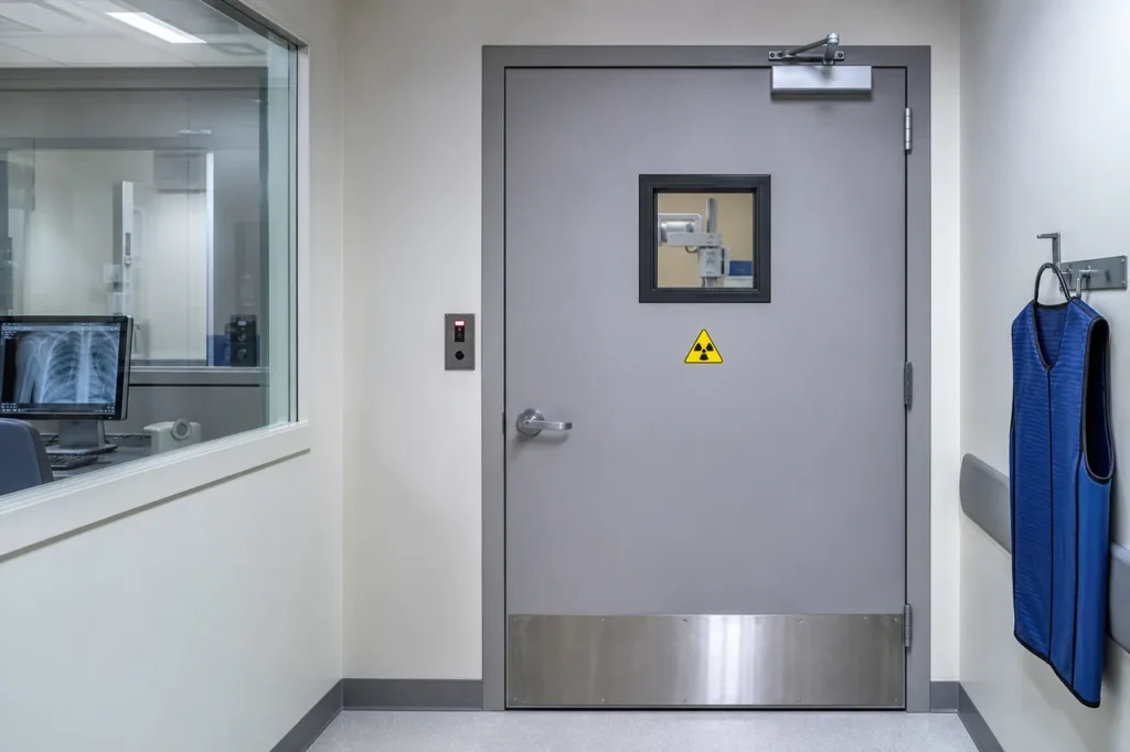 Lead-lined steel X-ray room door with lead-glass observation window in a hospital radiology department