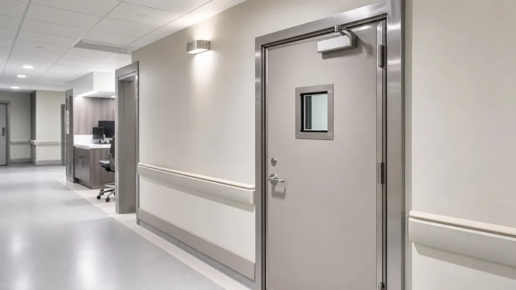 Lead-lined X-ray room door in a hospital radiology corridor