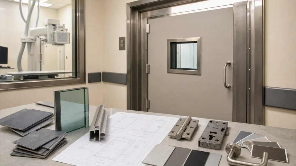 Lead-lined radiology door with opening drawings lead-glass sample frame profile hinges lock and finish swatches