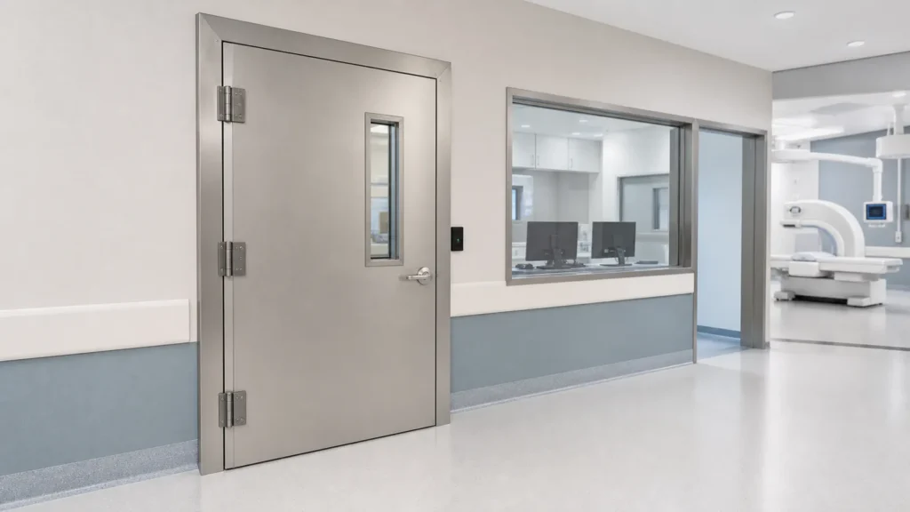 Heavy lead-lined steel door with lead-glass vision panel beside a medical imaging control-room window