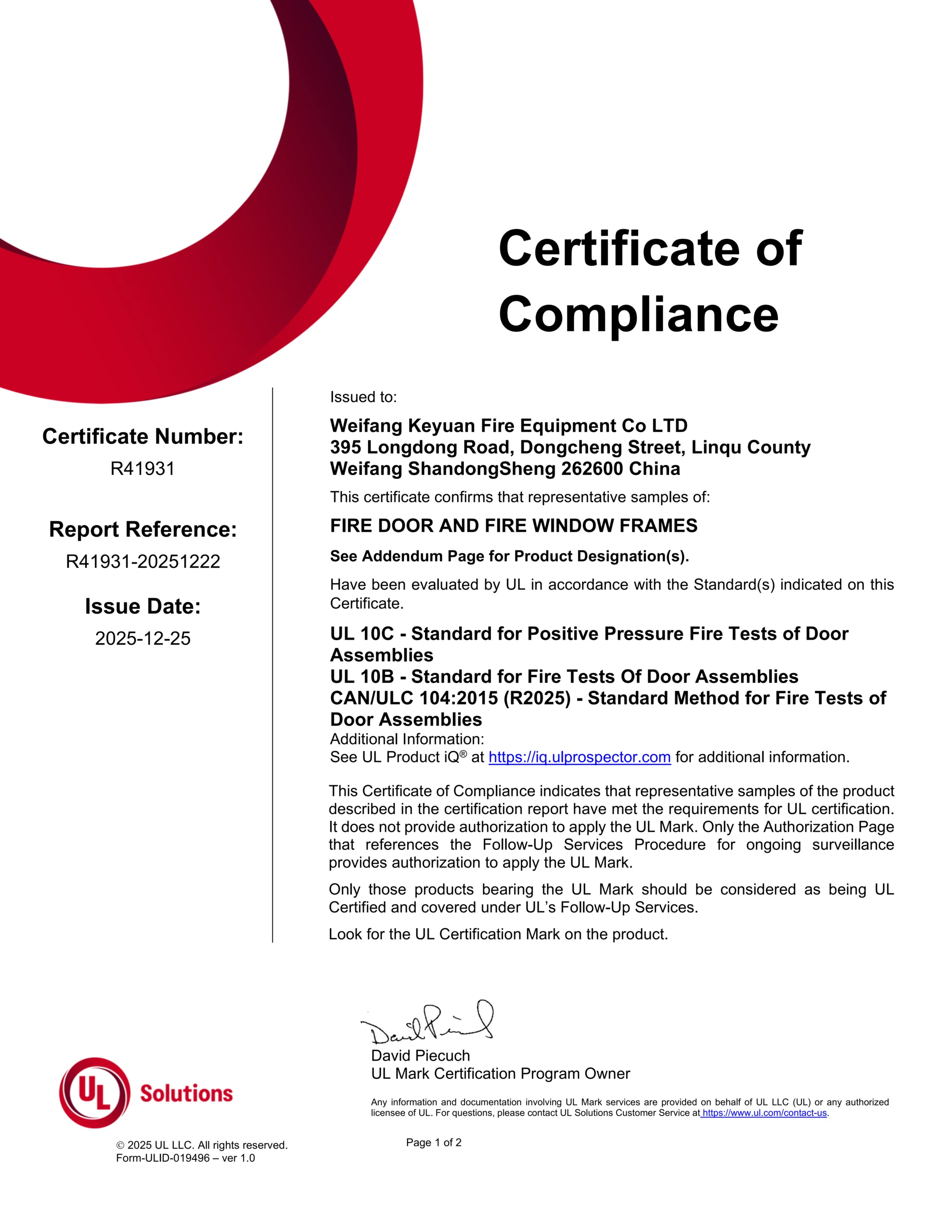 UL 180-minute fire-rated metal frame certificate
