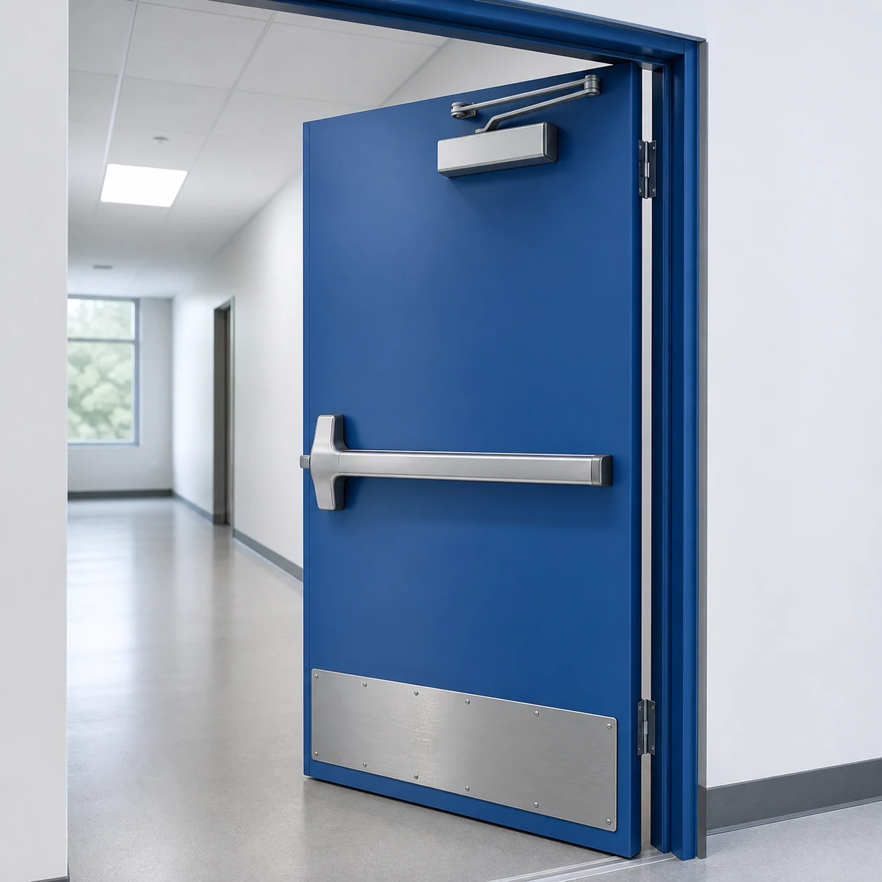 Blue fire-rated steel door with panic hardware and kick plate