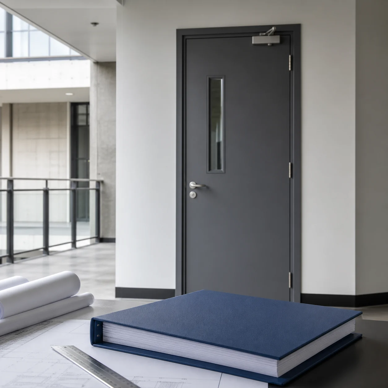 Fire-rated steel door beside a technical standards binder and drawings