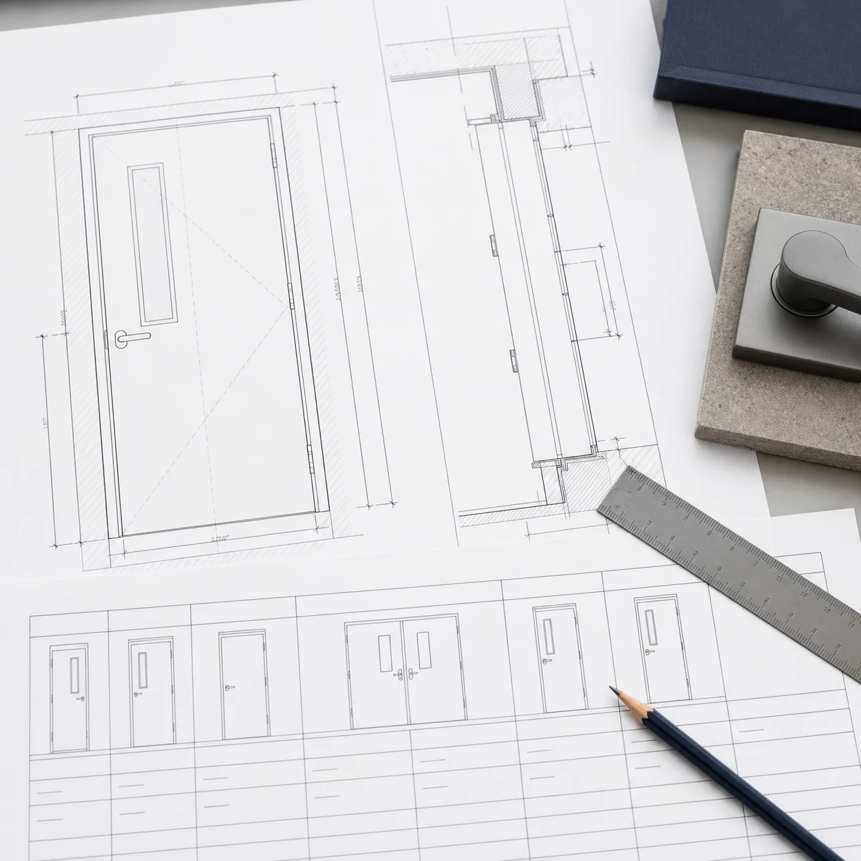 Commercial door schedule drawing with door details, ruler and hardware sample