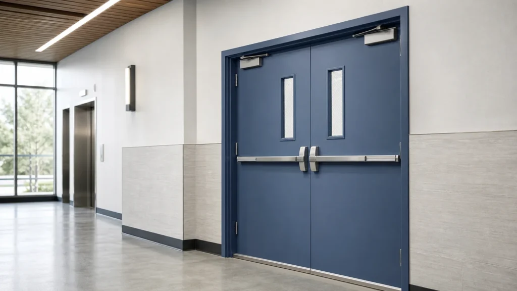 Blue hollow metal fire-rated double door with panic hardware in a commercial corridor