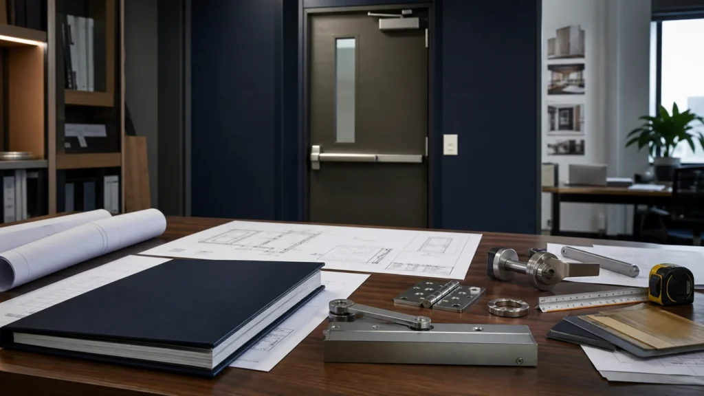 Commercial steel fire door with drawings and hardware on an engineering review table