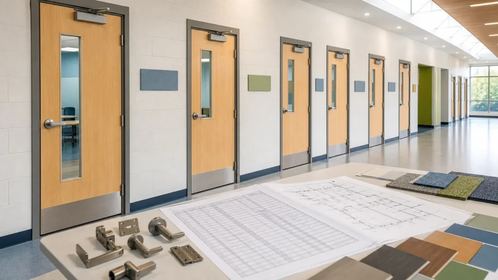 Repeated classroom doors with vision panels kick plates schedules finishes and coordinated hardware