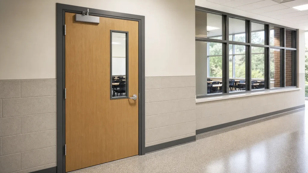 Durable classroom door with vision panel in a school corridor