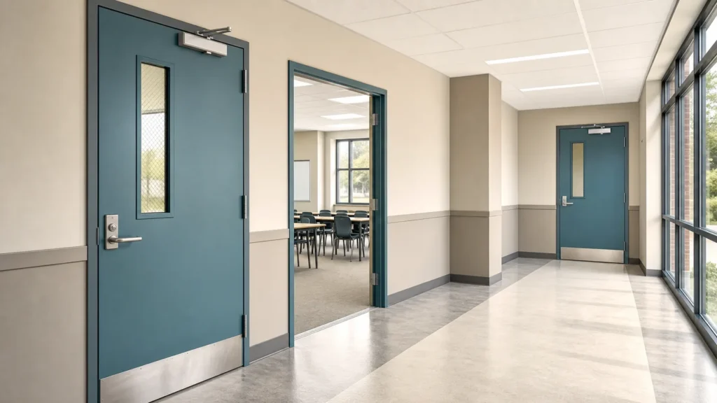 Durable blue classroom doors with safety vision panels closers and kick plates