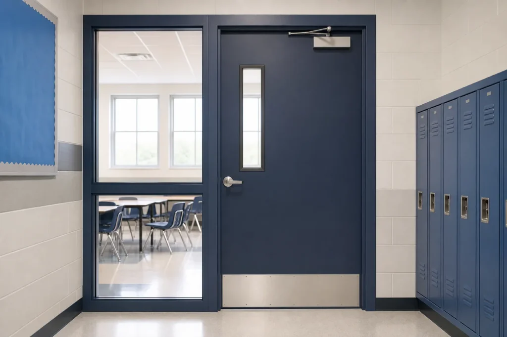 Durable steel classroom door with safety vision panel, door closer and kick plate in a school corridor