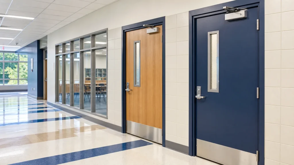 Wood-look and navy commercial classroom doors with vision panels closers and kick plates in a school corridor