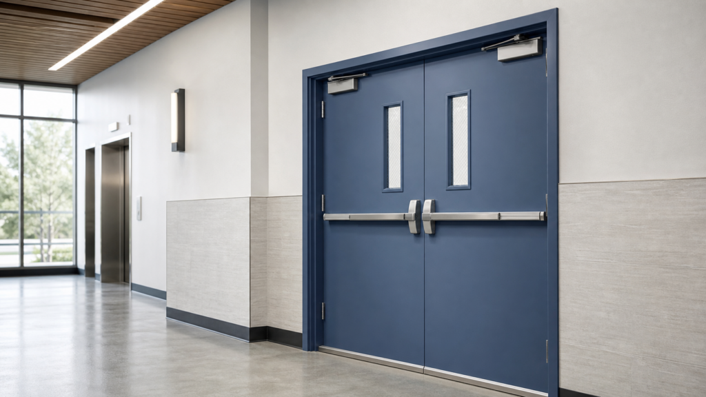 Blue hollow metal fire-rated double door with panic hardware in a commercial corridor