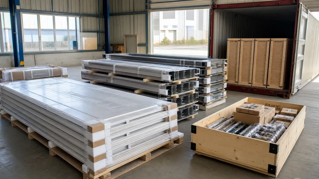 Protected steel door leaves bundled frames and hardware crates prepared for container loading