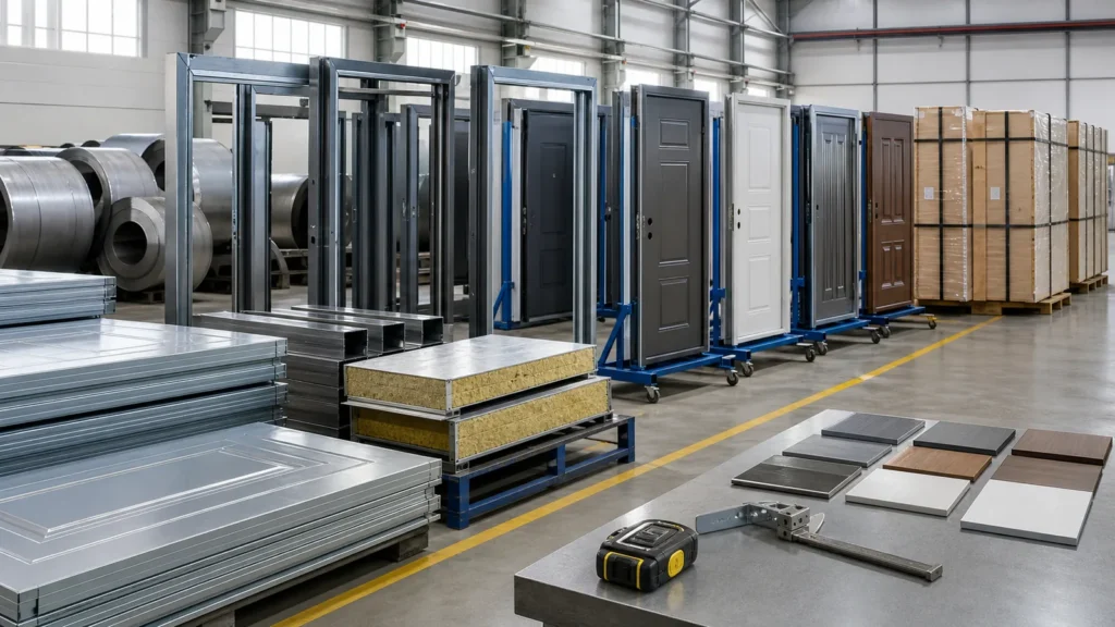 Steel door factory showing sheet metal frames insulated cores finished doors and export packing