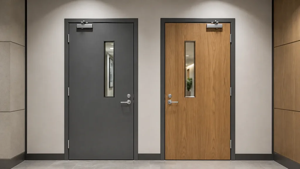 Gray steel fire door and wood veneer fire door installed side by side