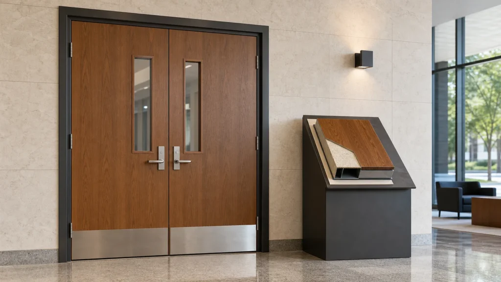 Wood-veneer double fire doors in steel frames with vision panels kick plates and a core construction sample