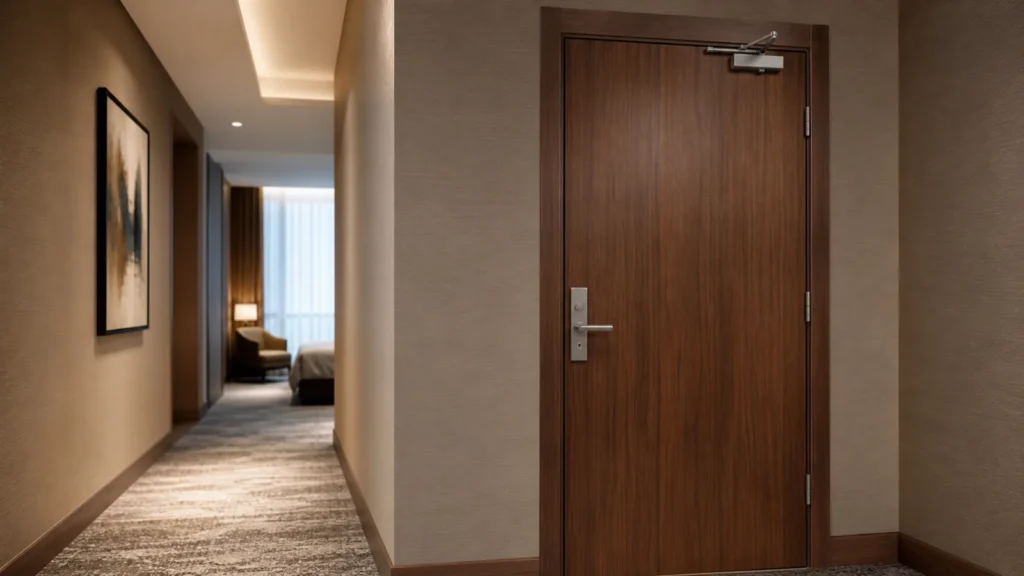 Veneered wooden fire door with closer and lockset in a hotel corridor