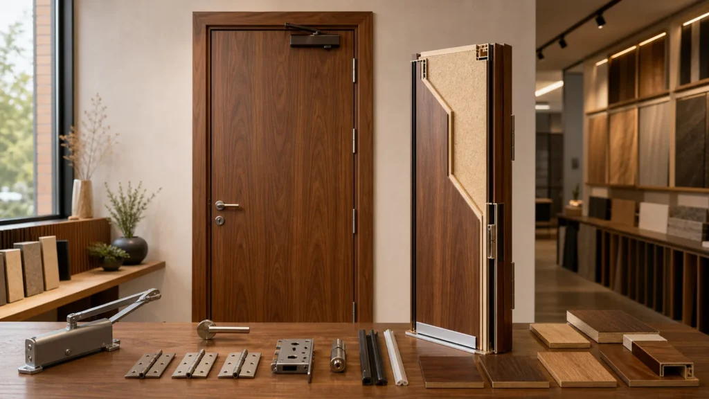 Walnut veneer fire door with layered core frame seals closer hinges and lock hardware samples