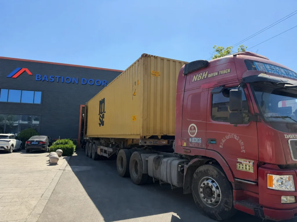 MSC export container truck at Bastion Door factory before dispatch