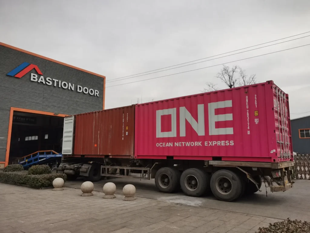 Ocean Network Express container positioned at the Bastion Door factory loading bay