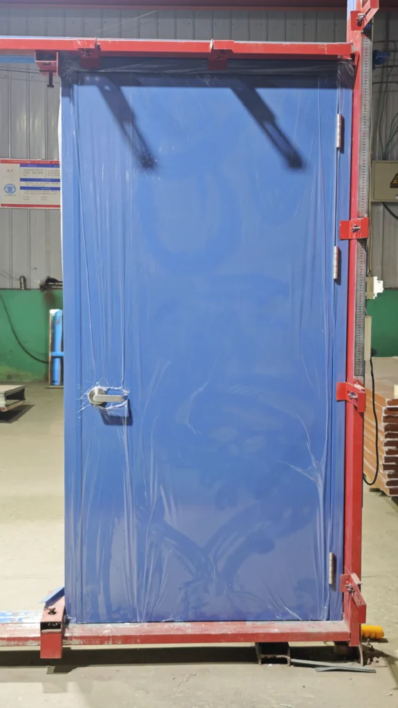 Blue steel door shown in a factory inspection setup