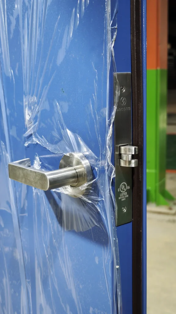 Close view of a blue steel door lockset and perimeter seal