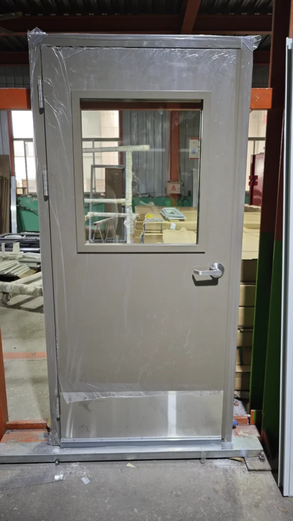 Hospital door assembly shown in the factory before dispatch